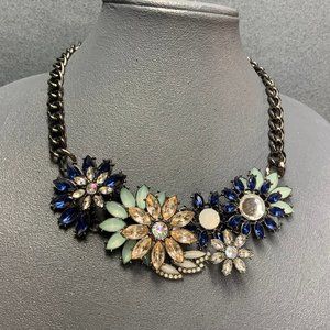 Joan Rivers Statement Necklace Rhinestone Blue Flowers Silver